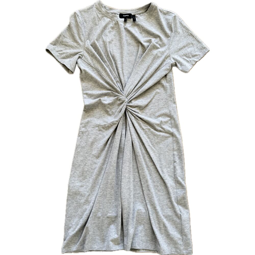 Theory Womens Short Sleeve Twist Knot Tee Dress Gray Cotton S Minimalist Stretch - Picture 2 of 6